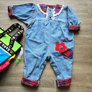 Vintage Denim Baby Romper with Red Plaid Accents